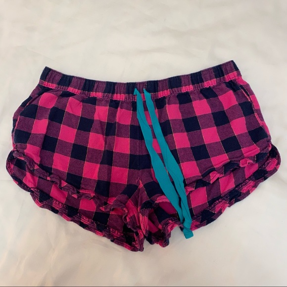 AERIE PINK/NAVY PLAID FLANNEL PJ BOXER SHORTS - Picture 1 of 3